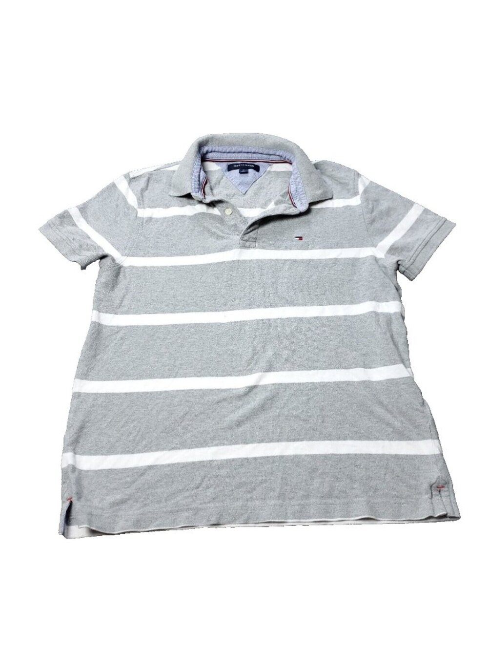 Tommy Hilfiger Polo Shirt Mens M Medium Short Sleeve Gray Striped Cotton Casual